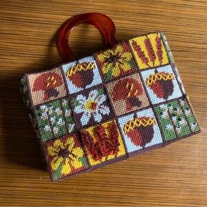 Retro Vintage 70s Forest Naturals Mushroom Patchwork Needlepoint Tote Bag